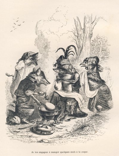 Vossen die eieren eten voor een huilende kip. Vignetten geïllustreerd door JJ Granville. Gravure gesigneerd Godard in het deel 