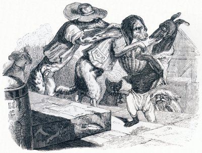 De hond die de mond van zijn meester om zijn nek draagt - Fabels van La Fontaine door Grandville