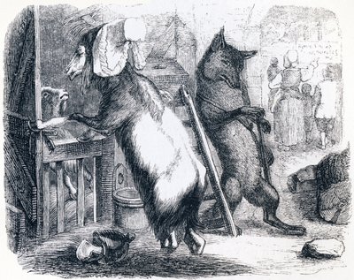 De wolf, de geit en het geitje (Le loup, la chevre et le chevreau) - Fabels van La Fontaine door Grandville