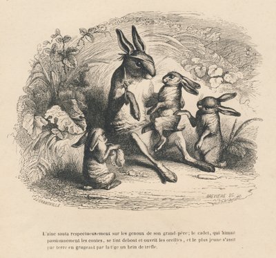 Drie konijnen kinderen die luisteren naar hun gewonde grootvader die verhalen vertelt. Geïllustreerde vignetten door JJ Granville. Gravure gesigneerd door Breviere in het deel "Verhaal van een haas" geschreven door PJ Stahl in "Scènes uit het privé- en ope door Grandville