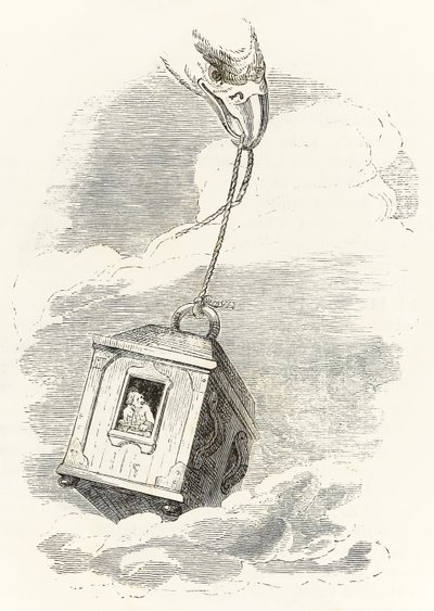 Gulliver ontsnapt uit Brobdingnag wanneer zijn doos wordt gegrepen door een adelaar die het in de zee laat vallen, uit Gullivers Reizen door Jonathan Swift door Grandville