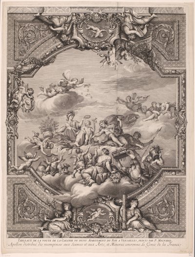 Apollo deelt beloningen uit en Minerva kroont het genie van Frankrijk door Gérard Audran