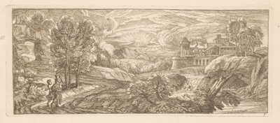 Rivierlandschap met twee wandelende figuren door Gérard Audran
