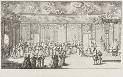 De Audiëntiekamer tijdens de ontvangst van de bruid in het paleis van Dresden op 2 september 1719 door Gerard Jean Baptiste Scotin