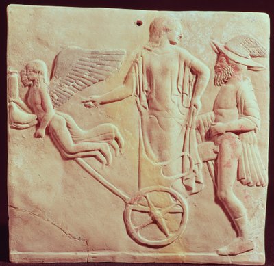 Aphrodite en Hermes rijden op een wagen getrokken door Eros en Psyche, 470 v.Chr. door Greek