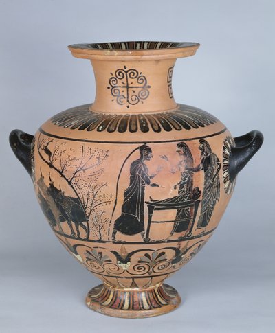 Archaïsche Ionische Hydria die Hermes uitbeeldt die doet alsof hij slaapt, uit Cerveteri, c.530 v.Chr. door Greek