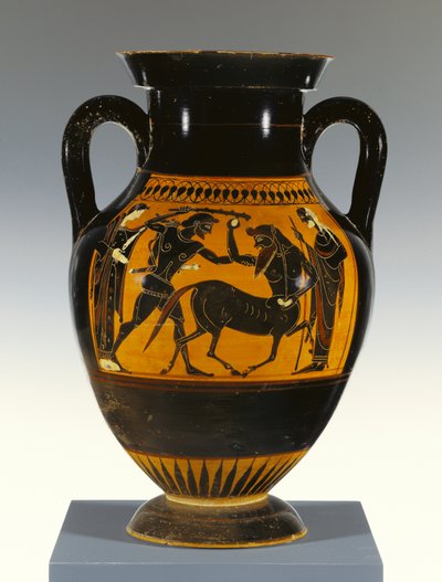 Attische zwartfigurige paneel-amfoor type B met Heracles die de centaur aanvalt, 530-20 v.Chr. door Greek