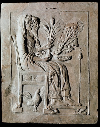 Griekse kunst: votief terracotta tablet van Persephone op de troon en Hades uit Locri. 470 v.Chr. Reggio Calabria, Nationaal Museum door Greek