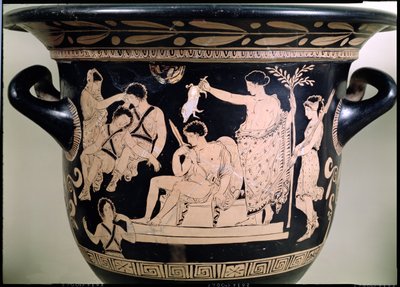 Orestes als Smekeling bij het Heiligdom van Apollo in Delphi, detail van een Attische roodfigurige krater, toegeschreven aan de Apulische Eumenides Schilder door Greek