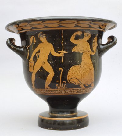 Klokvormige proto-Apulische krater met sater en maenade uit Matera, Italië door Greek School