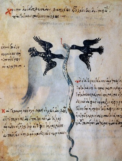 Afbeelding van Constantinopel tussen twee raven, miniatuur uit Orakel van Leo VI de Wijze door Greek School