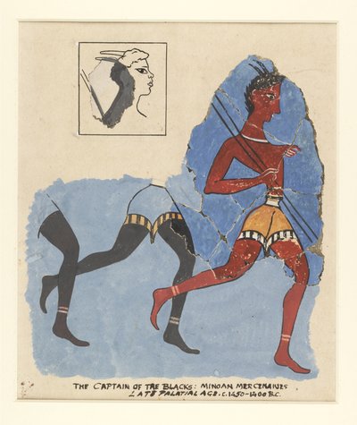 Fragmenten van een fresco uit Knossos, met moderne restauraties; soldaten in de aanval, ca. 1450-1400 v.Chr. door Greek School