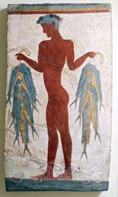 Griekse beschaving, fresco die een visser afbeeldt, van Akrotiri, Thera, Santorini, Griekenland door Greek School