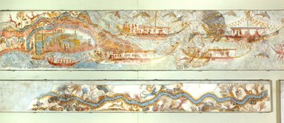 Zee-expedities en rivierlandschap, Akrotiri fresco, Thera (nu Santorini), Griekse beschaving door Greek School