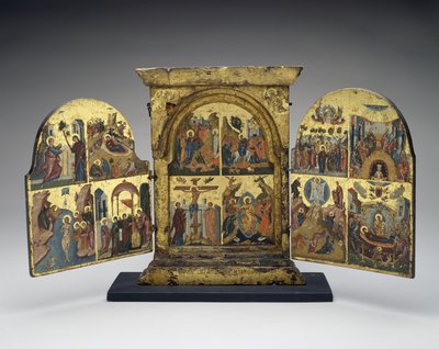 Opwekking van Lazarus; Intocht in Jeruzalem; Kruisiging; Nederdaling van Christus in de hel (middenpaneel) door Greek School