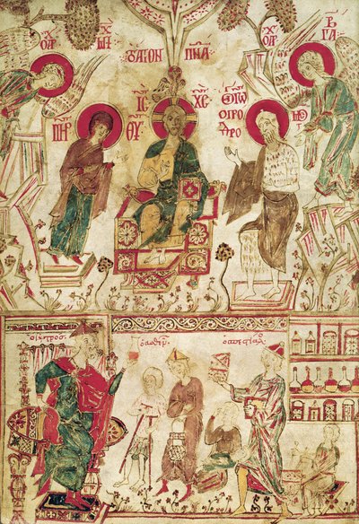 De Byzantijnse dokter Myrepsos ontvangt de patiënten, uit een Grieks manuscript, 13e eeuw door Greek School