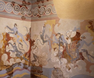 De blauwe apen, fresco uit B Complex, kamer 6 van Akrotiri, Thera (vandaag Santorini) (Griekenland). Minoïsche beschaving door Greek School