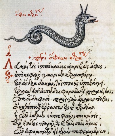 Verhandeling over Basilisk, test en miniatuur uit De animalium natura et proprietate libellus, door Aelianus door Greek School