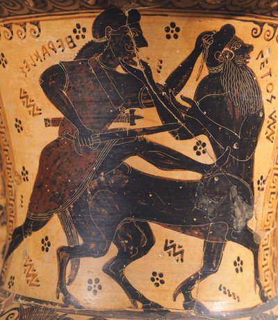 Amphora, toegeschreven aan schilder van Nettos, zwartfigurig aardewerk, detail toont Hercules en centaur, Griekse beschaving, 7e eeuw v.Chr. door Greek School
