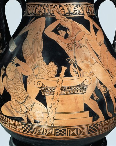 Attische pelike die Heracles toont die koning Busiris en Egyptische priesters doodt, door Pan Painter, roodfigurig aardewerk door Greek School