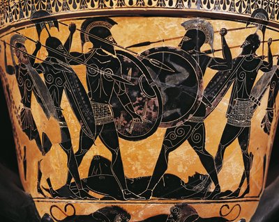 Griekse beschaving, Zwartfigurige keramiek, Krater met gevecht om het lichaam van Patroclus, Uit Farsala, Griekenland door Greek School