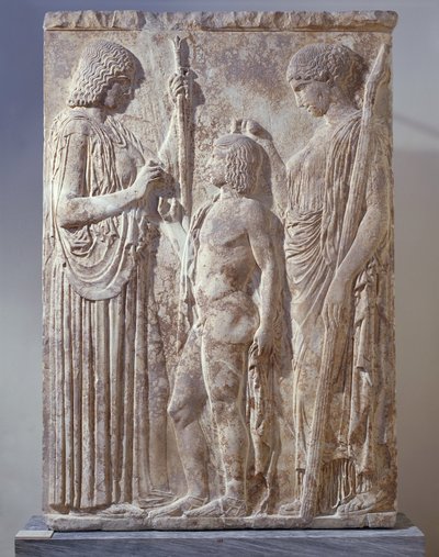 Marmeren bas-reliëf met de Triade van Eleusinische Mysteriën met Persephone, Demeter en Triptolemus, uit Eleusis door Greek School