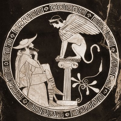 Oedipus beantwoordt vragen van de sfinx in Thebe, 5e eeuw v.Chr. door Greek School