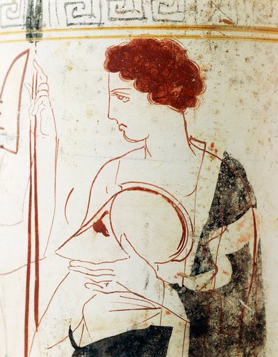 Witte grond aardewerk, Attische lekythos die een begrafenisscène met krijger voor graf uitbeeldt, detail door Greek School