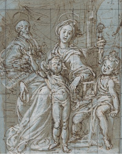 Heilige Familie met de Jonge Sint Johannes de Doper recto, grootschalige bijgesneden schetsen... door Gregorio Pagani