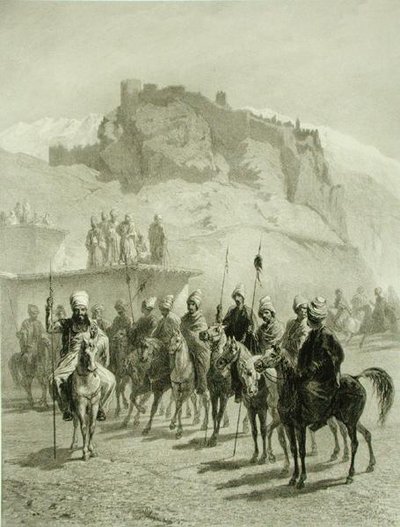 Kasteel van Atskhour, Akhaltsik, plaat 10 uit een boek over de Kaukasus, gegraveerd door Adolphe Mouilleron, gepubliceerd door Alfred Leon Lemercier, Parijs door Grigori Grigorevich (after) Gagarin