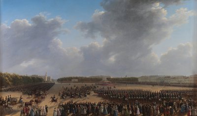 Parade ter viering van het einde van militaire actie in het Koninkrijk Polen op Tsaritsa Meadow in St. Petersburg op 6 oktober 1831 door Grigory Chernetsov