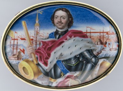 Portret van Peter I (1672-1725) tegen de St. Peter en St. Paul Vesting en Trinity Square in St. Petersburg, 1723 door Grigory Semyonovich Musikiysky