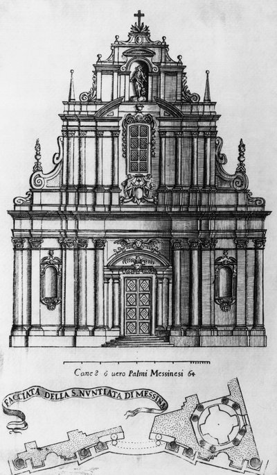 Facade en plattegrond van de Annunciatiekerk in Messina, gravure door Guarino Guarini (1624-1683), Italië door Guarino Guarini