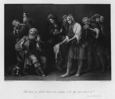 Jacob misleid door de bebloede jas, Genesis XXXVII, 32 door Guercino
