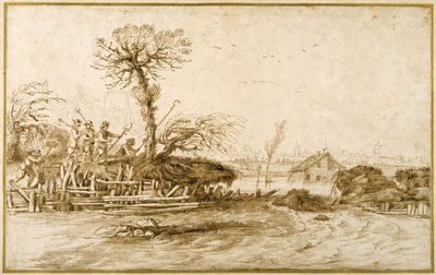Een rivier in overstroming, en boeren met bijlen en andere gereedschappen door Guercino