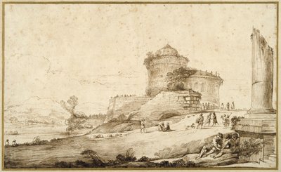 Landschap met een gebroken zuil, een kasteel en talrijke figuren op de voorgrond rechts door Guercino