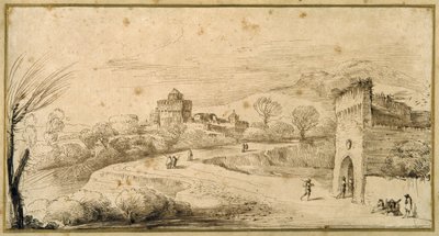 Landschap met een gekanteelde poort en een kronkelende weg door Guercino