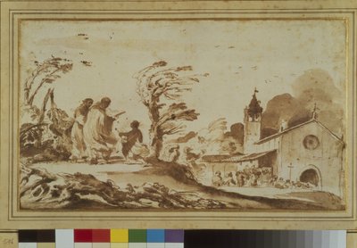Landschap met figuren bij een kerk door Guercino