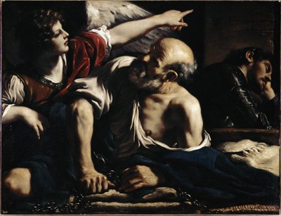 Sint Petrus bevrijd door een engel - Olie op doek, circa 1622 door Guercino