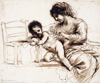 Een moeder en kind bij een stoel door Guercino