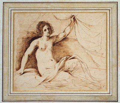 Een liggende naakte vrouw die een gordijn optilt door Guercino