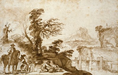 Landschap met een Ruiter en een Brug door Guercino