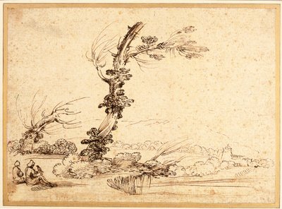 Landschap met valkeniers bij een boom door Guercino