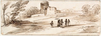 Landschap met kasteel en figuren door Guercino
