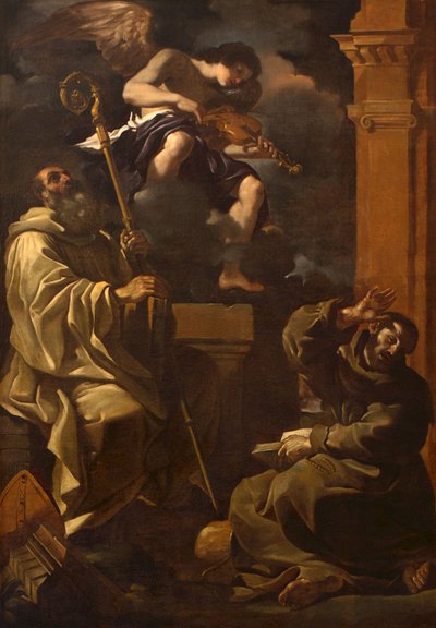 Sint Benedictus en Sint Franciscus Luisteren naar een Muzikale Engel door Guercino