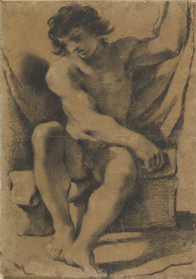 Zittende naakte jonge man in bijna frontaal zicht, ca. 1618 door Guercino