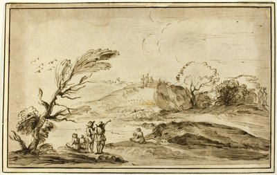 Twee groepen figuren in een landschap door Guercino