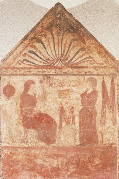 Grafsteen met vrouw zittend op troon aan het spinnen, uit Andriuolo-Laghetto in Paestum, Campania, Italië door Guglielmo Bilancioni
