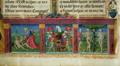 De Schepping en Verleiding van Adam en Eva met het wapen van het Huis van Este, uit de Bijbel des Chartreux door Guglielmo Giraldi