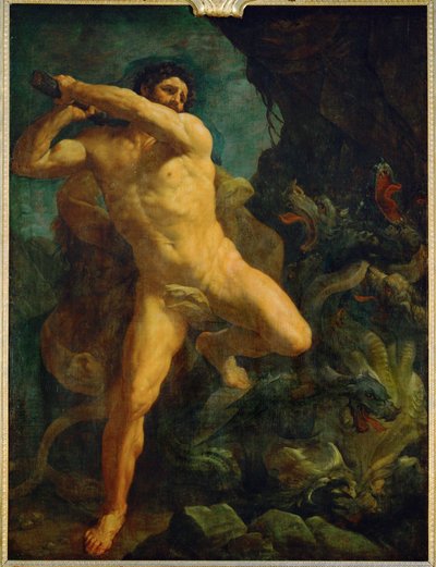 Hercules doodt de Hydra van Lerna ... door Guido (follower of) Reni
